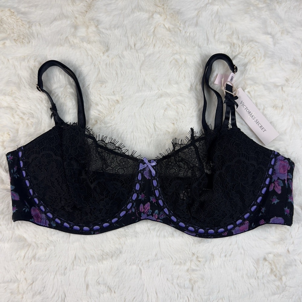 Victoria's Secret Dream Angels Push Up Bra Black Lace Ribbon Trim 36C NWT